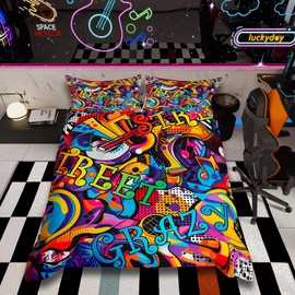 Homemissing Hippie Graffiti Style Bed Linen Set 135 x 200 cm Hip Hop Decor Cool Duvet Cover Street Culture Grunge Art Children's Beds Colourful Boy Bedding Set