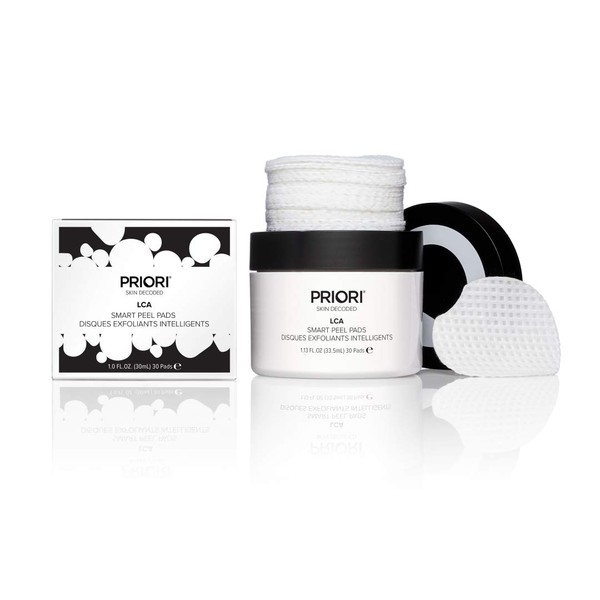 Priori Skincare Smart Peel Pads Lactic and Glycolic Acid Exfoliating Facial Pad Brighten, Smooth Fine Lines, Minimize Pores Ideal for Breakouts, Pigmentation, Acne 1 pack / 30 Count