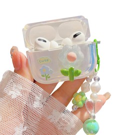 PHOEACC Compatible with AirPods Pro 2nd/1st Generation Case Cute 3D Flower Transparent Soft TPU Protective Case Cover with Keychain for Girls Women (Flower Green)