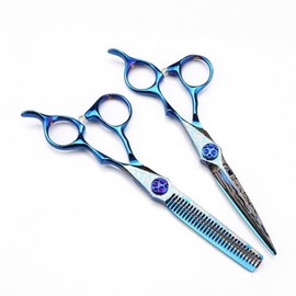 Hair Cutting Scissors, 6 Inch Professional Blue Damascus Hair Cutting Scissors Gem Screw Haircut Thinning Barber Tools Steel Shears Hairdressing Scissors Set