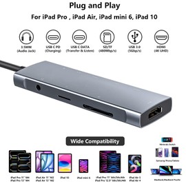 NXPGKEA USB C HUB for iPad Pro 9-in-1 Adapter iPad Pro M4 M2 M1 13 12.9 11 inch iPad Air 5 4 Docking Station with 4K HDMI, USB-C PD, SD/TF Card Reader, USB 3.0, 3.5mm Headphone Jack, Type C Data, iPad Mini 6