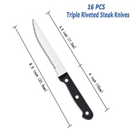 BEWOS Steak Knives Set of 16, Triple Rivet Steak Knives, Serrated Steak Knives, Stainless Steel Serrated Blades (4.5”), Sharp Knifes, Dinner Knives, Dishwasher Safe, Knives Set for Home, Restaurant