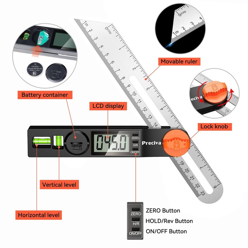 Preciva T-Bevel Gauge & Protractor with Horizontal and Vertical Bubble,0-338°
