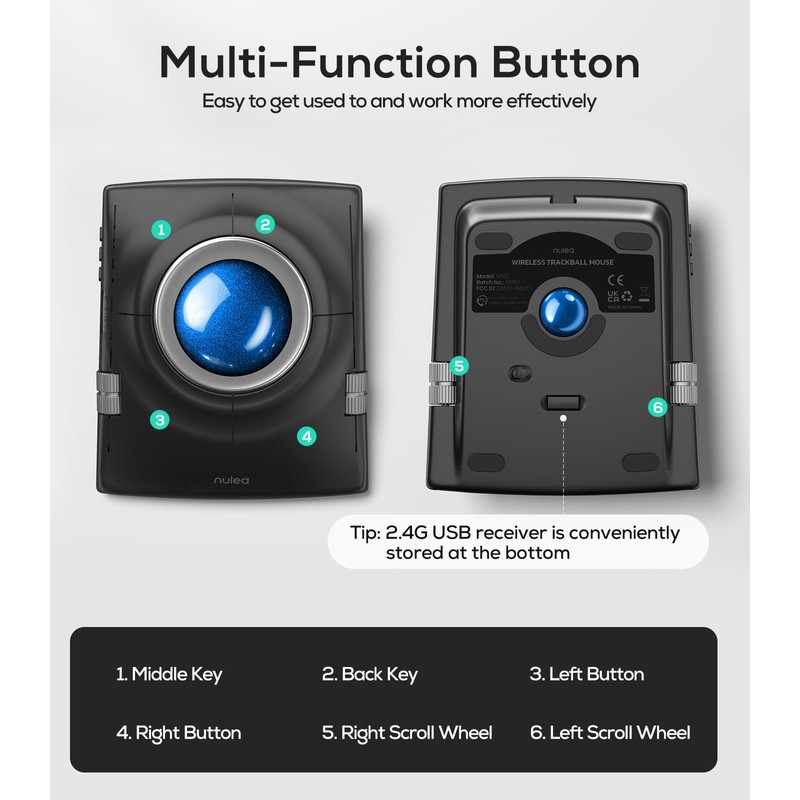 Nulea M512 Wireless Trackball Mouse, Ergonomic 55mm Trackball, 4 Level