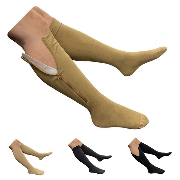 HealthyNees Closed Toe 20-30 mmHg Compression Extra Wide Plus Shin Big Calf Sock (Beige with Zipper, S/M)