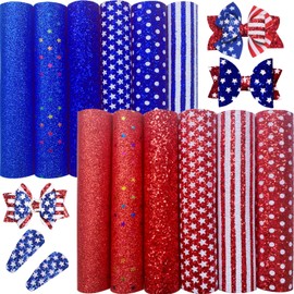 Shalun 12 pcs/Pack A4 Independence Day Faux Leather Sheets Sparkle Red Blue White Fabric Stars Stripes Pattern American Flag Patriotic Chunky Glitter PU Canvas for 4th July 8x12 inch