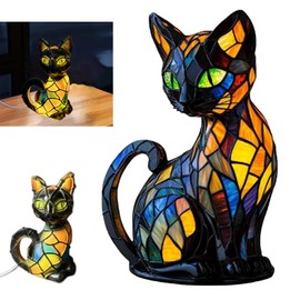 Cat Lamp, Retro Cat Stained Resin Table Lamp,Animal Table Lamps Series, 3D Cute Pet LED Lights,Cat Lamp Stained Glass Tabletop Night Light for Kids' Room & Bedroom Decor, Ideal Gift for Cat Lovers(A)