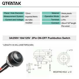 QTEATAK 1/2"(12mm) Pre-Wired Mounting Hole On/Off Mini Round Waterproof Momentary Push Button Switch JF-33B -2Pack