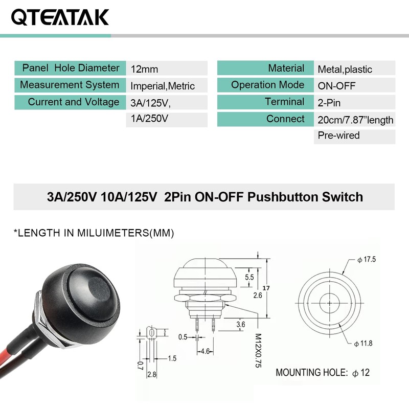 QTEATAK 1/2"(12mm) Pre-Wired Mounting Hole On/Off Mini Round Waterproof Momentary