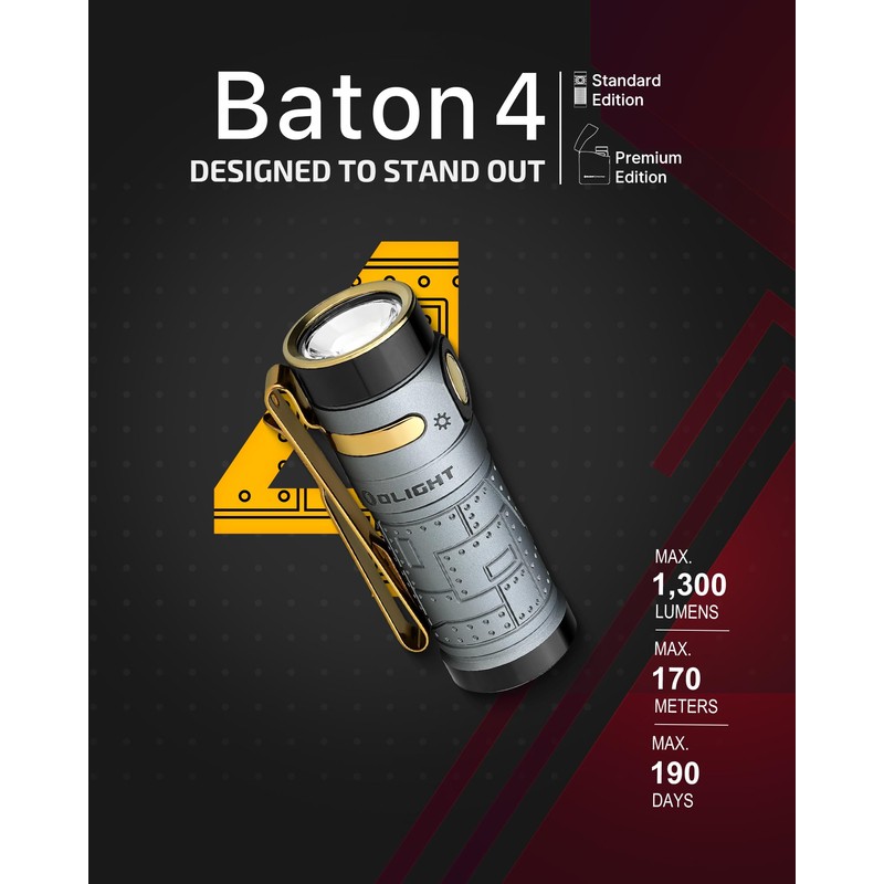 OLIGHT Baton4 Rechargeable EDC Flashlight, LED Pocket Light 1300 Lumens