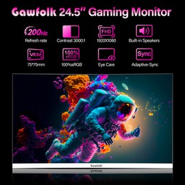 Gawfolk Gaming Monitor 24.5 Inch 200Hz Built-in Speakers, 180hz PC Monitor FHD 1080P Frameless Computer Monitors, VA,sRGB 100%, DisplayPort, HDMI, Eye Care, Wall Mount Compatible (White)