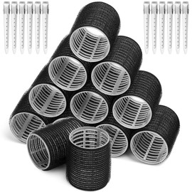 Hair Curlers Rollers, 12Pcs Big Hair Rollers Self Grip Holding Curlers with 12Pcs Stainless Steel Duckbill Clips for Long Medium Thick Hair Bangs Volume (Black)