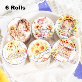 AuriicLeaf Blooming Sunflower PET Tape Set, 6 Rolls of Pre-Cut Floral Stickers for Journaling, Scrapbook Supplies, DIY Crafts, and Decorative Art