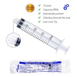 12 Pack 20ml Plastic Luer Lock Syringe, Measuring Syringe Individually Sealed for Scientific Labs, Measuring Liquids, Feeding Pets, Oil or Glue Applicator (20ml, 12)