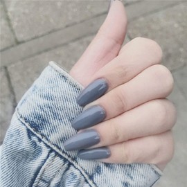 Allereya Long Coffin Print On Nails Grey Neon Fake Nails Shiny Ballerina Nails Full Cover Acrylic Nails French Clip On Nails Tips for Women and Girls Pack of 24 (Grey)
