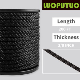 3/8 Inch 200FT Black Polyester Solid Braid Rope | High UV & Abrasion Resistance | Industrial Grade, Low Stretch | Multipurpose for Flag Poles, Clotheslines