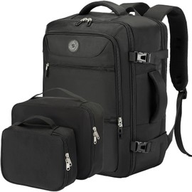 SHRRADOO Travel Backpack for Women & Men,Airline Approved Carry On Luggage,TSA Overnight Bags,40L Personal Item Travel Bag fits 17" Laptop,Carry on Bag with Storage Bag Cosmetic Bag Set 3pcs (Black)