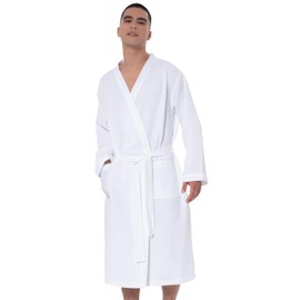 SEYANTE Men's Organic Turkish Cotton Waffle Kimono Robe – GOTS Certified, Lightweight Full-Length Spa Bathrobe with Piping – White, Size Small