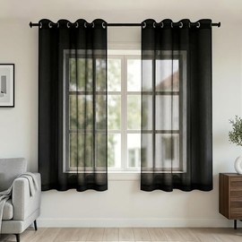 Cortinas Transparentes Negras de 45 Pulgadas de Longitud para Ventanas de Sótano Juego de 2 Paneles con Ojales de Lino Sintético Semi Translúcidas Cortinas Cortas para Ventanas Pequeñas Cocina