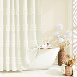 Dynamene Extra Wide Shower Curtain - 108x72 Inches Width Tufted Chenille Striped Fabric Shower Curtains for Bathroom, Farmhouse Shabby Chic Waterproof Cloth Shower Curtain Set with 18 Hooks, Cream