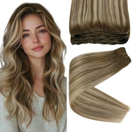 Sunny Hair Weft Hair Extensions Human Hair Sew in Hair Extensions Human Hair Straight Hair Extensions for Women Real Human Hair 14inchCool Brown Balayage Light Brown with Blonde