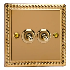 Varilight 2-Gang 10A Intermediate Toggle Switch Classic Georgian Brass with Brass Toggle