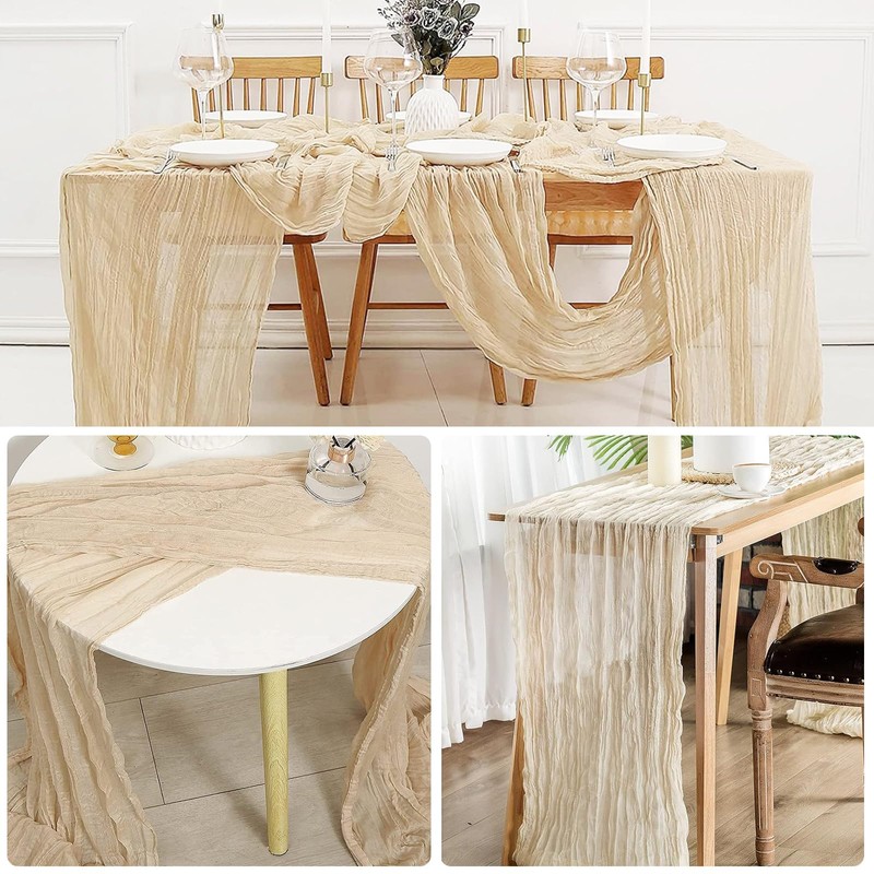 Eviznbou Beige Table Runner 2 Pcs 90x300cm Rustic Gauze Fabric