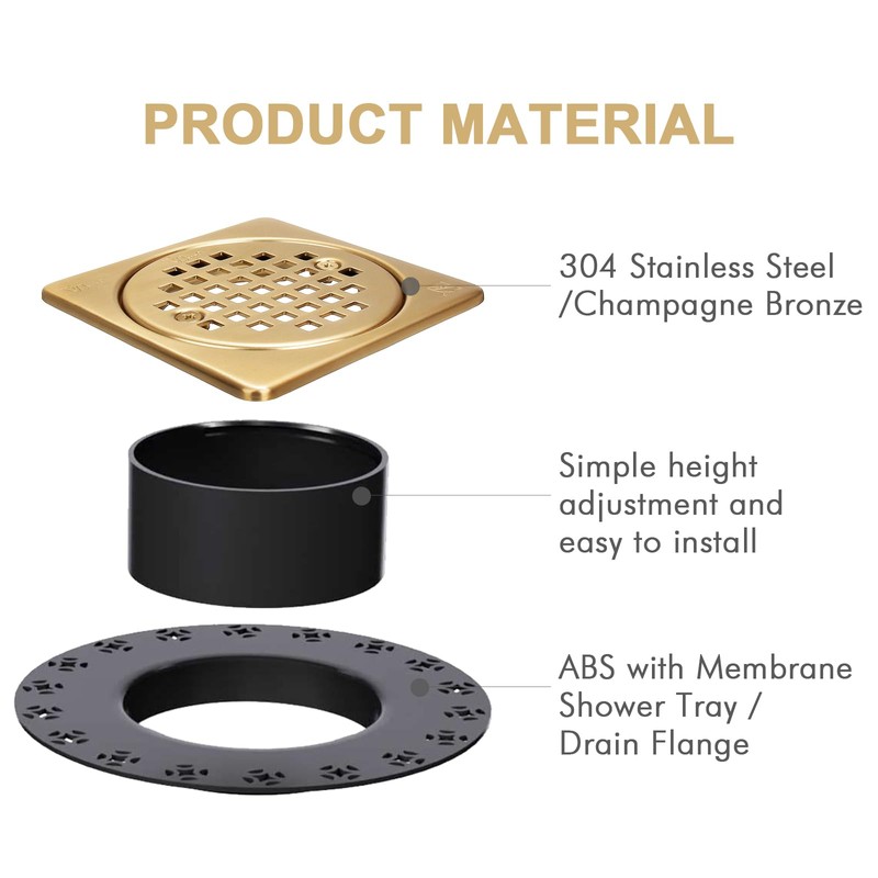 Champagne Bronze 4 inch Drain Grate Kit, Shower Drain Compatible
