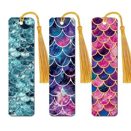 WIRESTER Set of 3 Metal Bookmarks with Light Gold Tassel for Students, Reader, Teachers, Book Lovers - Mermaid Scales Blue Wave, Mosaic Mermaid Scale, Pink Mermaid Scales