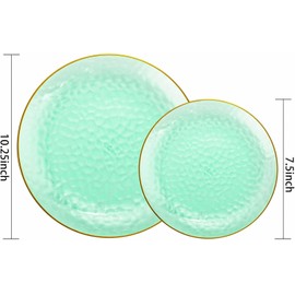 SUT 36Pcs Green Plastic Plates, Hammered Plates Disposable Heavy Duty, Green Disposable Plates With Gold Rim, Fancy Plastic plates Include 18 Dinner and 18 Dessert plates for Wedding