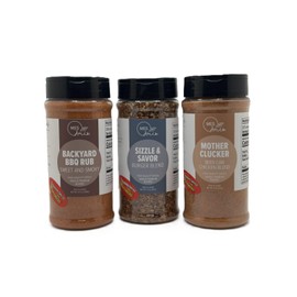 MES Amis Grill Masters Trio - Gourmet Blends & All-Purpose BBQ Seasonings - Sizzle & Savor Burger Blend (7.3 ounces) + Backyard BBQ Sweet and Smoky (10.5 ounces) + Mother Clucker Beer Can Chicken Blend (8 ounces)