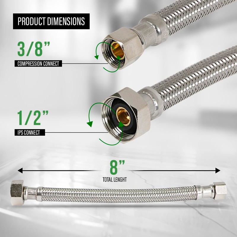 Everflow 27108-NL-2 Braided Faucet Connector 8" Long, 1/2" IPS Brass