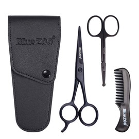 BlueZOO Beard Mustache Scissors and Comb Kit with PU Storage Bag, Rounded Safety Nose Hair Scissor for Men and Women Care Grooming, Ear Trimming Tool, Shears for Personal Grooming, Cutting & Styling