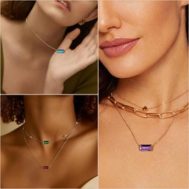 Birthstone Necklace for Women 14K Gold Plated Emerald Diamond Necklaces Trendy Cubic Zirconia Chain Necklace Jewelry Dainty Green Red Blue Crystal Pendant Choker Necklaces Birthday Gifts (B7)