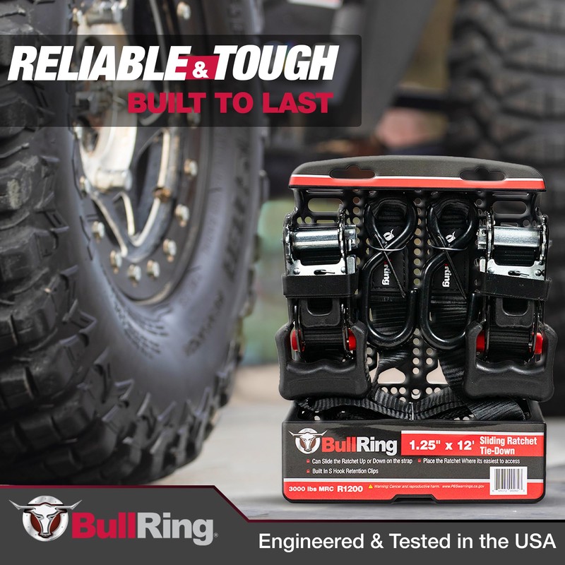 Bull Ring Sliding Ratchet Tie Down Straps – Includes (2)