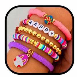 JEWEKY Easter Stackable Bracelets Set Gold Beaded Clay Bunny Stretch Bracelet Accessories for Women(A-Easter)