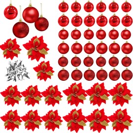 Threehoney 48 Pcs Large Christmas Ornaments Balls Poinsettia Tree Decorations Baubles Set 36 Christmas Ornaments Balls 12 Glitter Poinsettia Flowers Xmas Hanging Ornament(1.57'', 2.36'',Red)