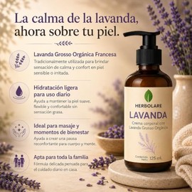 Herbolare Crema de Lavanda Orgánica Francesa 125 ml, Calma y Confort | Lavanda grosso francesa: hidratación ligera y sensación de calma para piel irri