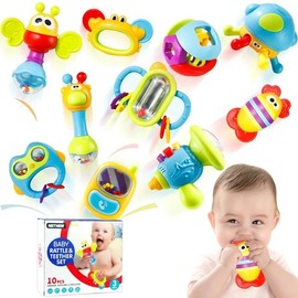 Baby Rattles 10PCs Infant Grab N Shake Rattle with Sensory Teether, Grips for Fine Motor Skills, Colors & Patterns for Eye Tracking, Newborn Gift