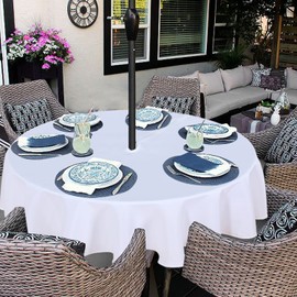 Fitable Round Table Cover Outdoor and Indoor Tablecloth - Washable Waterproof Wrinkle Free Table Cloth with Zipper and Umbrella Hole for Spring/Summer/Party/Picnic/BBQS/Patio White 70R