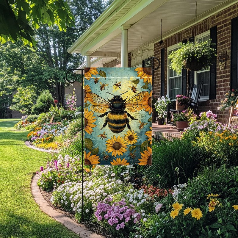 Spring Summer Bee Sunflower Floral Garden Flag 12x18 Inch Double