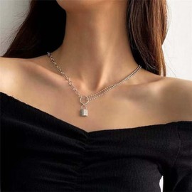 Vacaonio Silver Lock Pendant Necklace Punk Layered Padlock Necklace Chain Lock Key Choker Necklace Ball Chain Choker Necklace Small Lock Shape Necklace Jewelry for Women