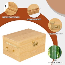 promitop Bamboo Storage Box with Lid and Lock – Large Wooden Stash Box with Rolling Tray, Adjustable Dividers & Vintage Gold Side Handles, Elegant Storage Organizer