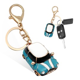 povtii Car Key Chain, Rhinestone Detail 3D Cute Car Model Keychain, Mini Cooper Metal Key Chain with Ring, Car Accessories (Lake Blue)