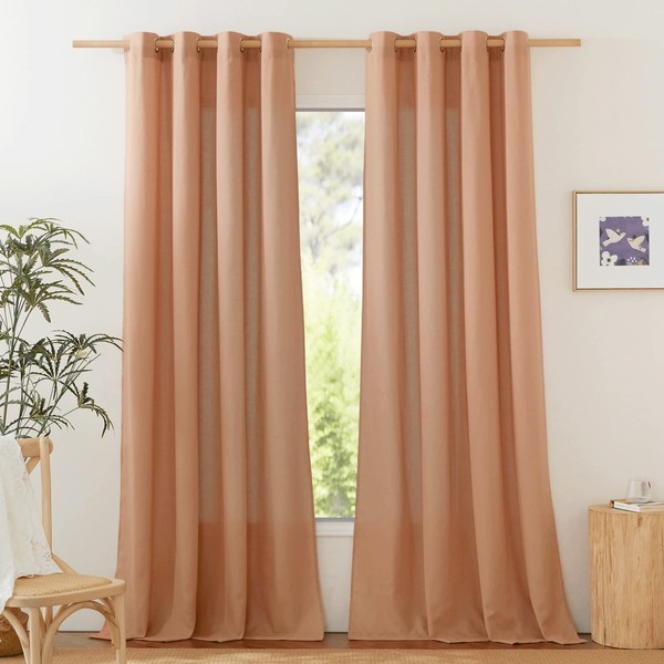 NICETOWN Linen Burnt Orange Curtains 90 inch Length 2 Panels, Grommet Privacy Added Thick Flax Linen Burlap Semi Sheer Light Filtering Window Treatments for Bedroom/Girls Room, W55 x L90