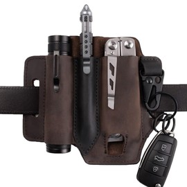 Vanlutone Leather Multitool Sheath with Belt Clip Everyday Carry EDC Flashlight Belt Organizer with Key Holder Multi Tool Knife Pen Holster Pouch Gifts for Men Darkbrown