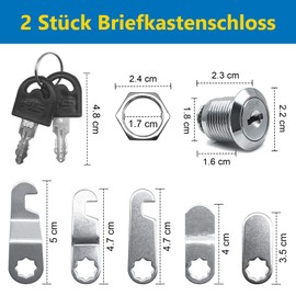 Pack of 2 Letterbox Lock 16 mm with 4 Keys and 10 Lock Plates, Lever Lock for Letterbox & Cabinet Doors, Furniture Lock for Cabinet Locks, Locker Lock, Post Box Lock