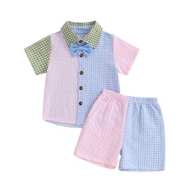 LAGKIYOJ Toddler Baby Boy Clothes Plaid Color Block Button Down Shirt Elastic Waist Shorts Newborn Infant Boy Summer Outfit (Multicolor Mexican, 3-4T)