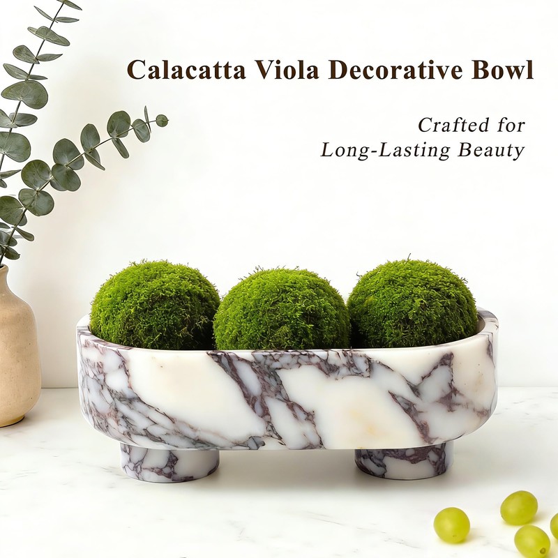 Natural Oval Marble Fruit Bowl, Two-Legged Decorative Bowl Calacatta Viola