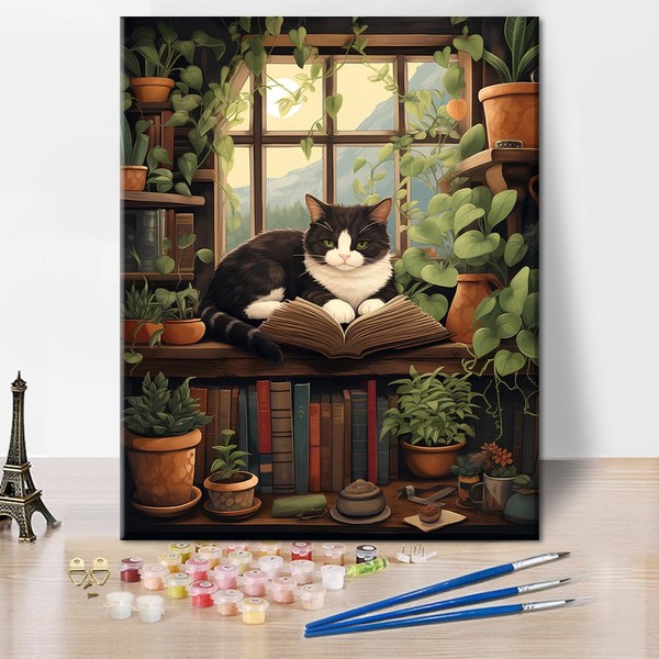 Black Cat Paint by Numbers, Cat Reading a Book in